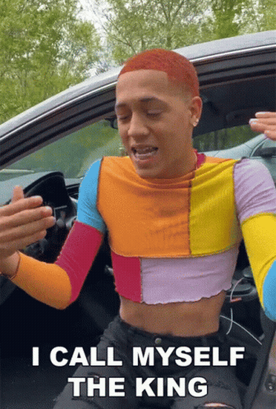 A Man In A Crop Top Is Sitting In A Car And Says I Call Myself The King GIF