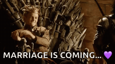 A Man In A Crown Is Sitting On A Throne With The Words `` Marriage Is Coming '' Written On It . GIF