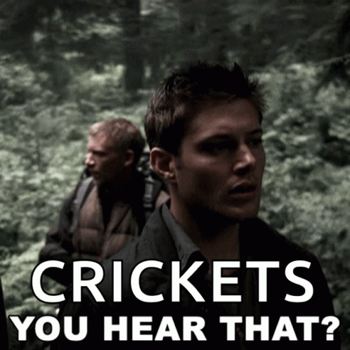 A Man In A Dark Forest With The Words Crickets You Hear That Behind Him GIF