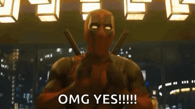 A Man In A Deadpool Costume Is Saying " Omg Yes " GIF