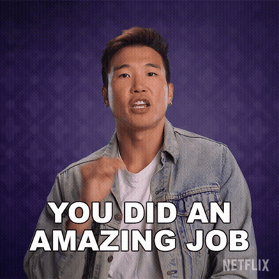 A Man In A Denim Jacket Says You Did An Amazing Job On A Purple Background GIF