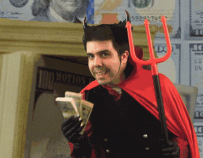 A Man In A Devil Costume Is Holding Money And A Trident In Front Of A Sign That Says 100 Motion GIF