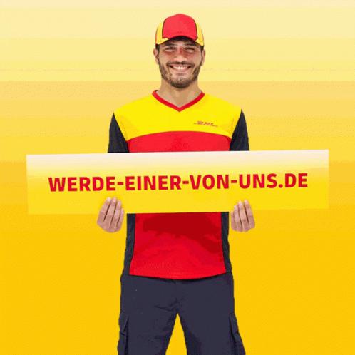 A Man In A Dhl Shirt Is Holding A Sign That Says Jetzt Bewerfen GIF