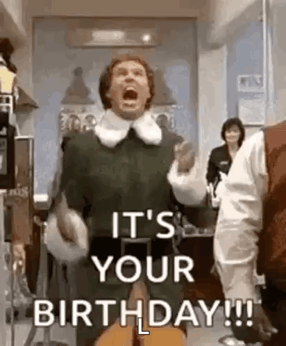A Man In A Elf Costume Is Screaming And Saying `` It 'S Your Birthday !! '' GIF