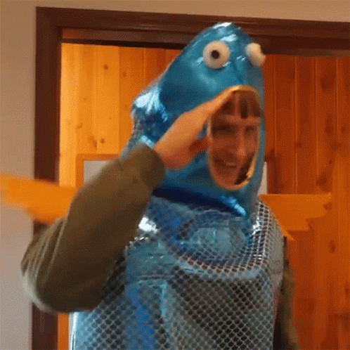 Man In Fish Costume In Front Of Door GIF