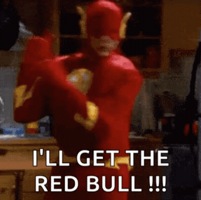 A Man In A Flash Costume Is Saying `` I 'Ll Get The Red Bull !!! '' . GIF