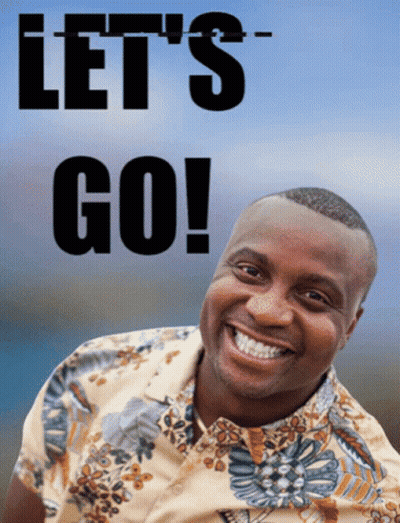 A Man In A Floral Shirt Is Smiling In Front Of A Sign That Says Let 'S Go GIF