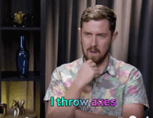 A Man In A Floral Shirt Says I Throwaxes GIF