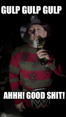A Man In A Freddy Krueger Costume Is Drinking From A Bottle GIF