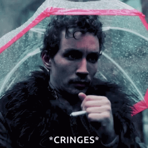 A Man In A Fur Coat Is Holding An Umbrella And Smoking A Cigarette In The Rain . GIF