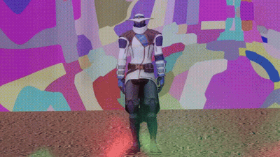 A Man In A Futuristic Outfit Stands In Front Of A Colorful Background GIF