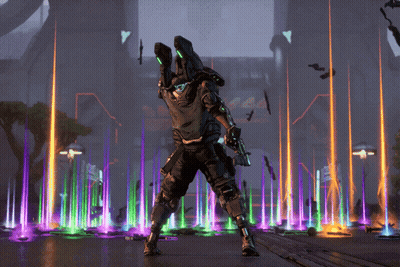 A Man In A Futuristic Suit Is Standing In Front Of A Colorful Fountain GIF