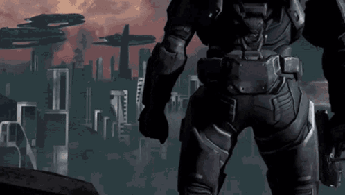 A Man In A Futuristic Suit Stands In Front Of A City GIF