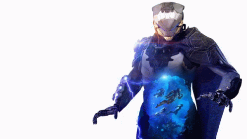 A Man In A Futuristic Suit With A Helmet On Stands In Front Of A White Background GIF