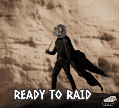A Man In A Gas Mask Holding A Wand And The Words Ready To Raid GIF
