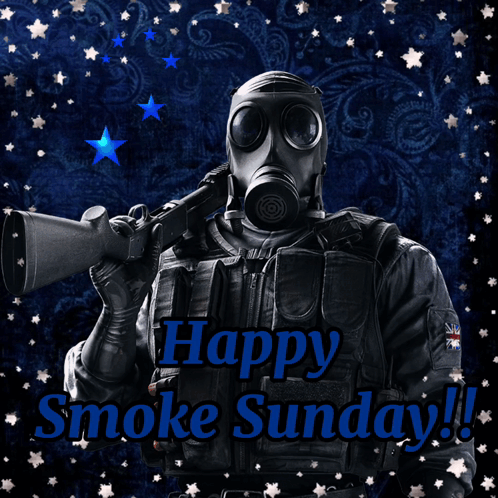 A Man In A Gas Mask Is Holding A Gun And The Words Happy Smoke Sunday GIF
