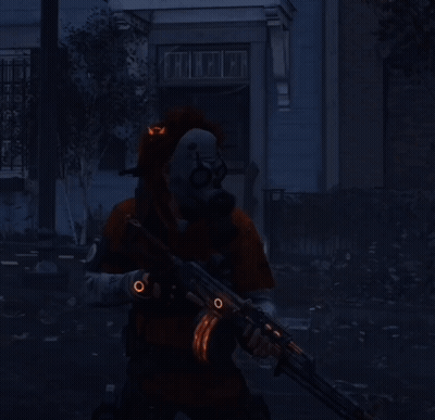 A Man In A Gas Mask Is Holding A Rifle With A Skull On His Head GIF