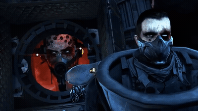 A Man In A Gas Mask Is Looking Through A Hole In A Wall GIF