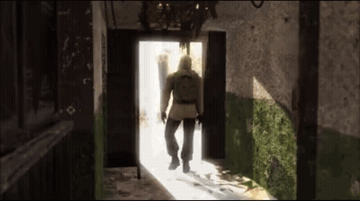 A Man In A Gas Mask Is Walking Through A Doorway . GIF