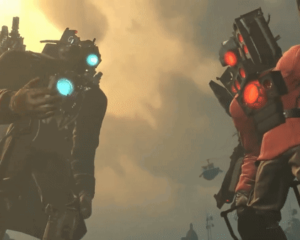 A Man In A Gas Mask Stands Next To A Man In A Red Vest GIF