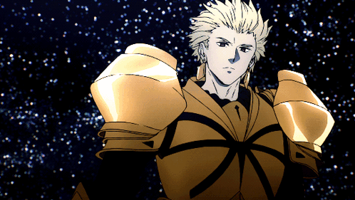 A Man In A Gold Armor Stands In Front Of A Starry Background GIF