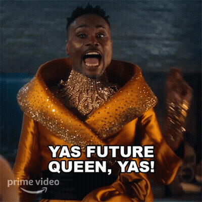 A Man In A Gold Outfit Says Yas Future Queen GIF