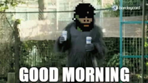 A Man In A Gorilla Costume Is Holding A Can Of Soda And Says Good Morning GIF