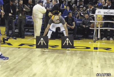 A Man In A Gorilla Mask Stands On A Basketball Court With A Sign That Says A On It GIF