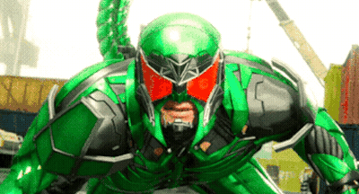 A Man In A Green And Black Superhero Costume With Red Eyes GIF
