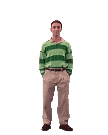 A Man In A Green And White Striped Shirt Is Standing Next To A Green Rabbit Sticker