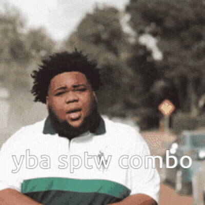 A Man In A Green And White Striped Shirt With The Words Yba Sptw Combo GIF