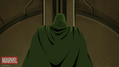 A Man In A Green Cape Is Standing In Front Of A Marvel Sign GIF