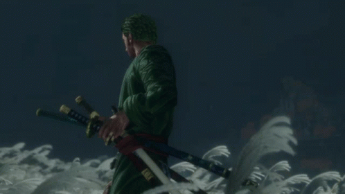 A Man In A Green Coat Holding A Sword In A Field GIF
