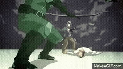 A Man In A Green Costume Is Holding A Bow And Arrow While Another Man Is Laying On The Ground . GIF