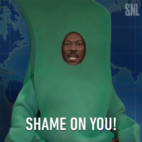 A Man In A Green Costume With A Hole In His Head Says Shame On You GIF