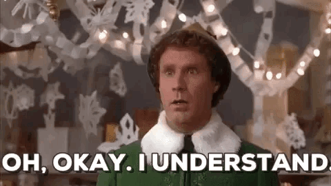 A Man In A Green Elf Costume Is Saying `` Oh , Okay , I Understand '' In Front Of Christmas Lights . GIF