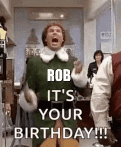 A Man In A Green Elf Costume Is Screaming And Saying `` Rob It 'S Your Birthday !!! '' . GIF