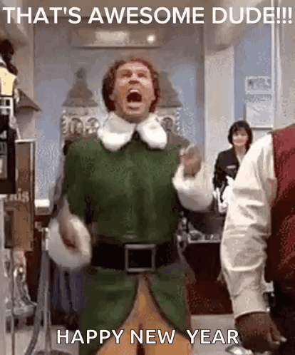 A Man In A Green Elf Costume Is Standing In A Room With His Mouth Open And Shouting . GIF