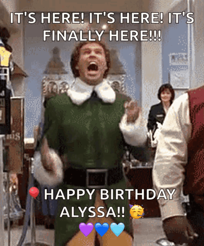 A Man In A Green Elf Costume Says It 'S Here It 'S Here It 'S Finally Here !! GIF