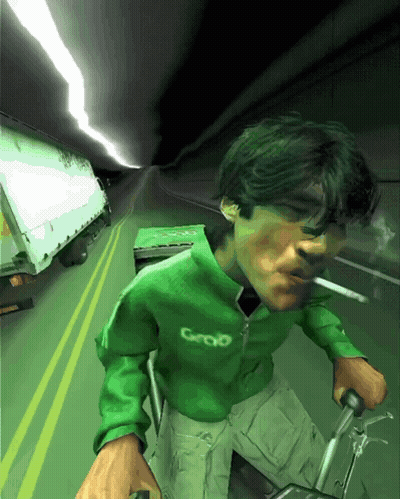 A Man In A Green Groo Jacket Is Smoking A Cigarette While Riding A Bike GIF