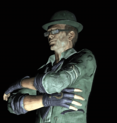 A Man In A Green Hat And Gloves With A Question Mark On His Arm GIF