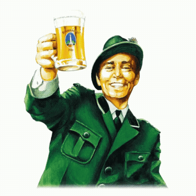 A Man In A Green Jacket Holds Up A Glass Of Beer With The Word Pils On It GIF