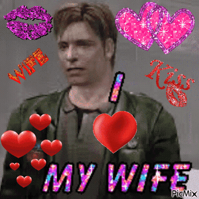 A Man In A Green Jacket Is Surrounded By Hearts And The Words I Love My Wife GIF