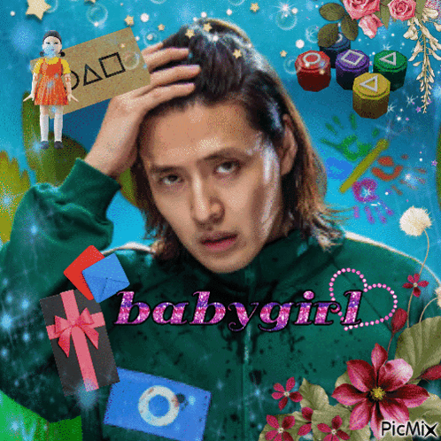 A Man In A Green Jacket With The Word Babygirl On The Bottom GIF