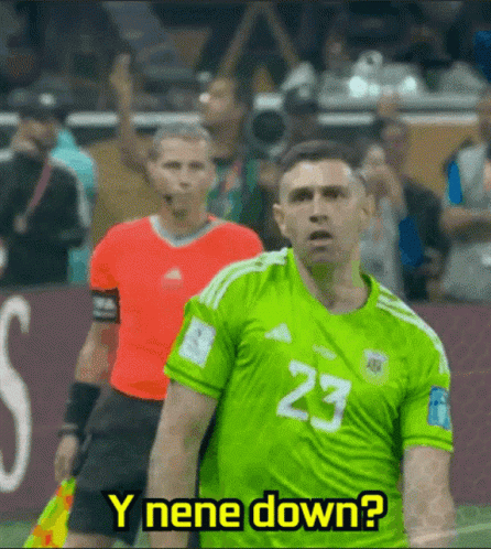 A Man In A Green Jersey With The Number 23 On It Says Y Nene Down GIF
