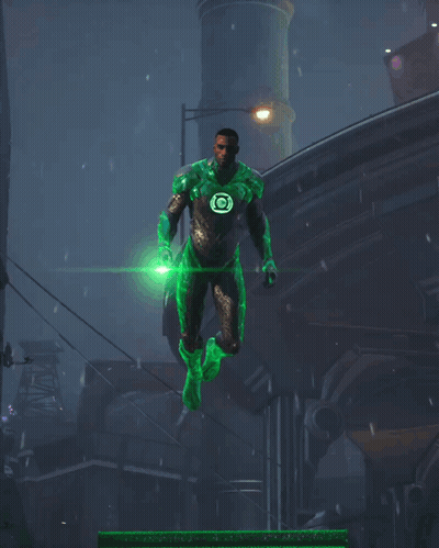 A Man In A Green Lantern Costume Is Holding A Green Light In His Hand GIF