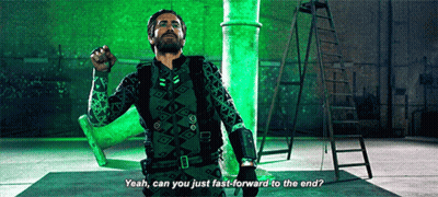 a man in a green outfit says " yeah can you just fast forward to the end "
