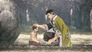 A Man In A Green Robe Is Petting A Child 'S Head While Kneeling Down In The Dirt . GIF