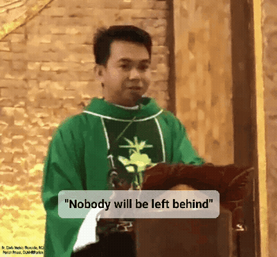 A Man In A Green Robe Stands At A Podium With The Words " Nobody Will Be Left Behind " Below Him GIF