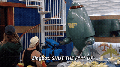 A Man In A Green Robot Costume Says Zingbot Shut The F *** Up GIF
